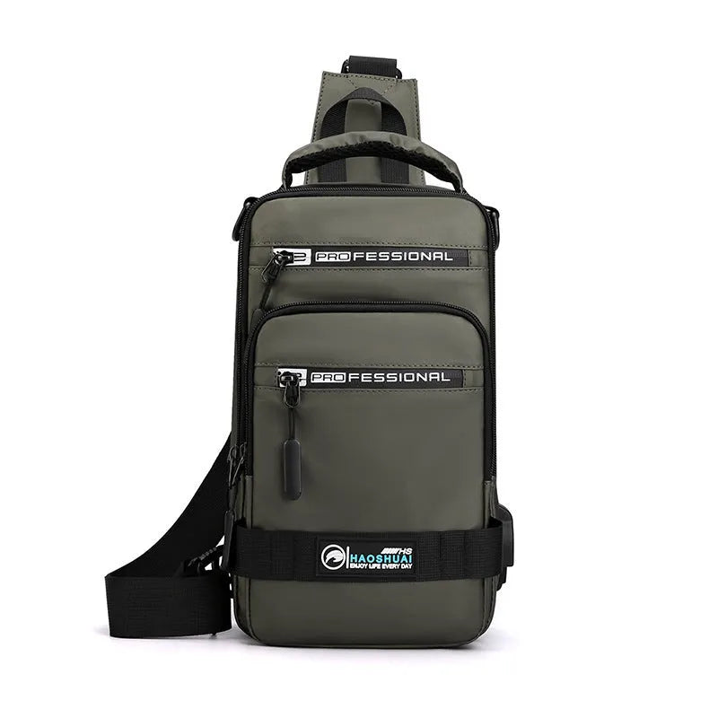 Multifunction nylon bag for men with USB charging port, medium square shape, in khaki colour
