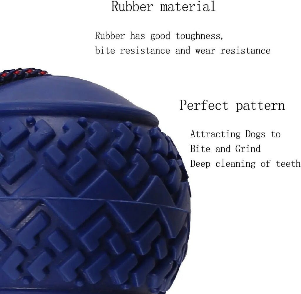 Blue natural rubber dog ball with rope attached, measuring 6.5cm in diameter