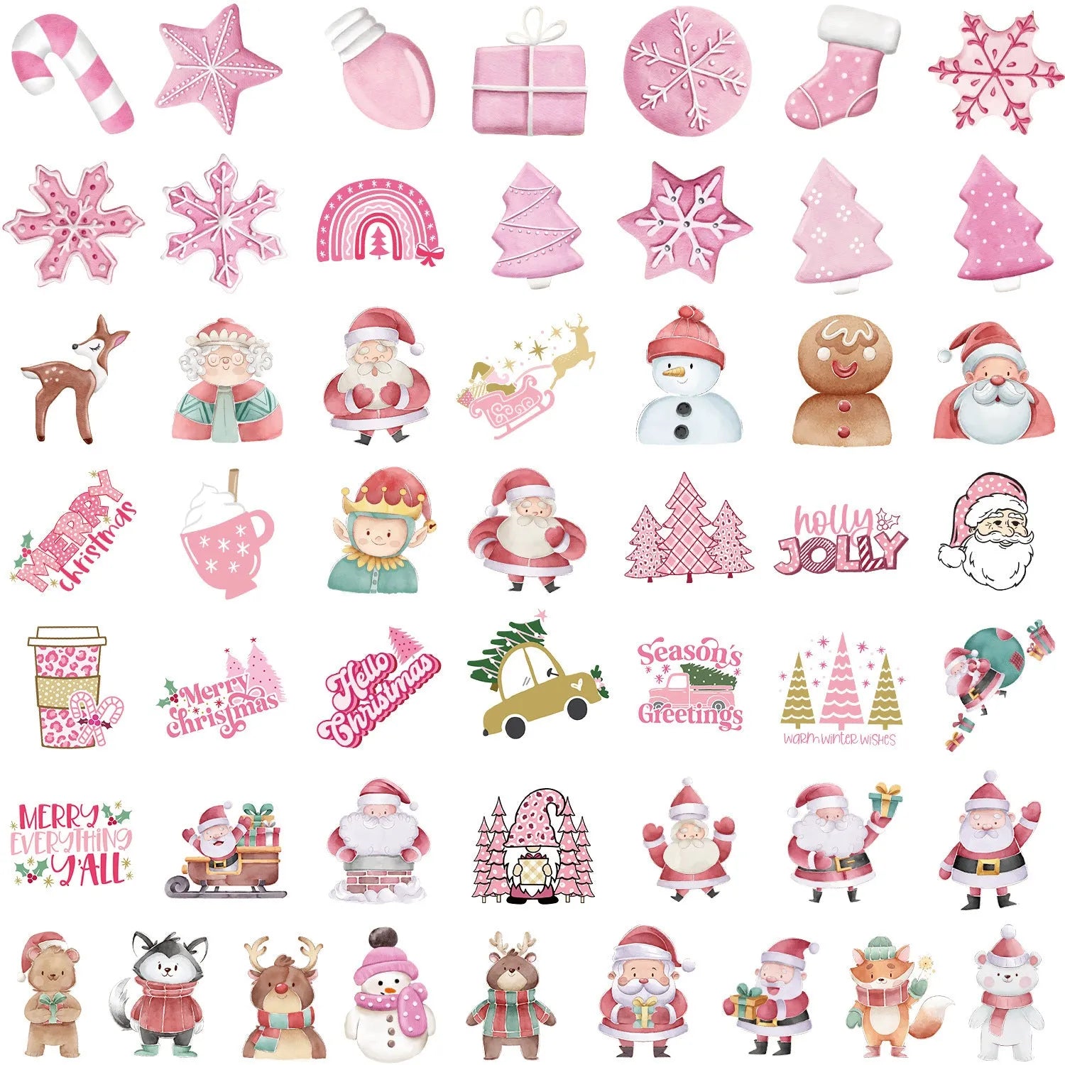 Pack of 50 cute Christmas-themed waterproof vinyl stickers for decorating cars, phones, and computers.