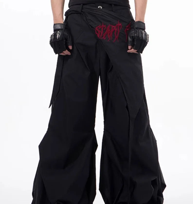 Korean-style black wide-leg summer function pants for boys displayed flat