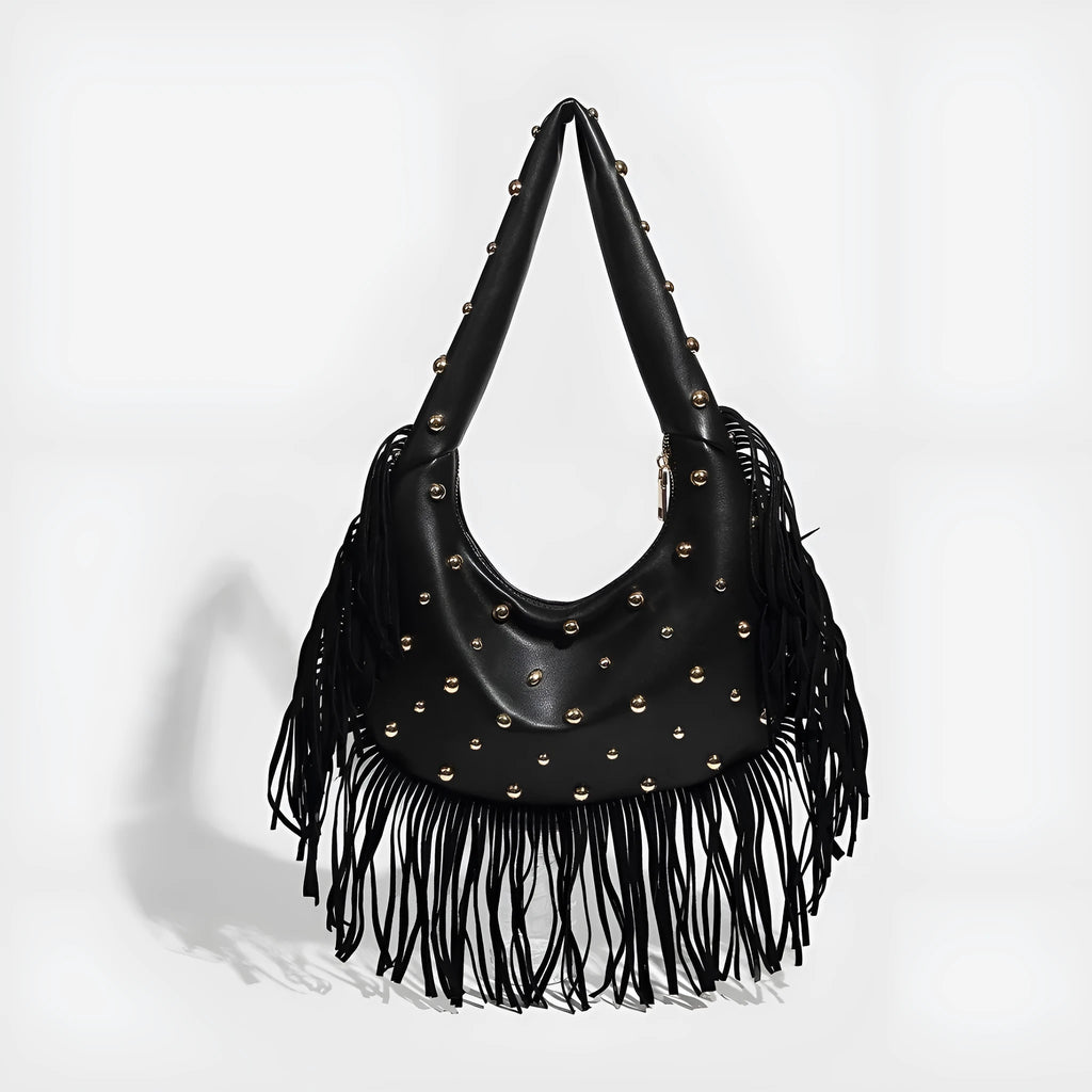 Retro tassel shoulder handbag with phone compartment in black or wine red colour