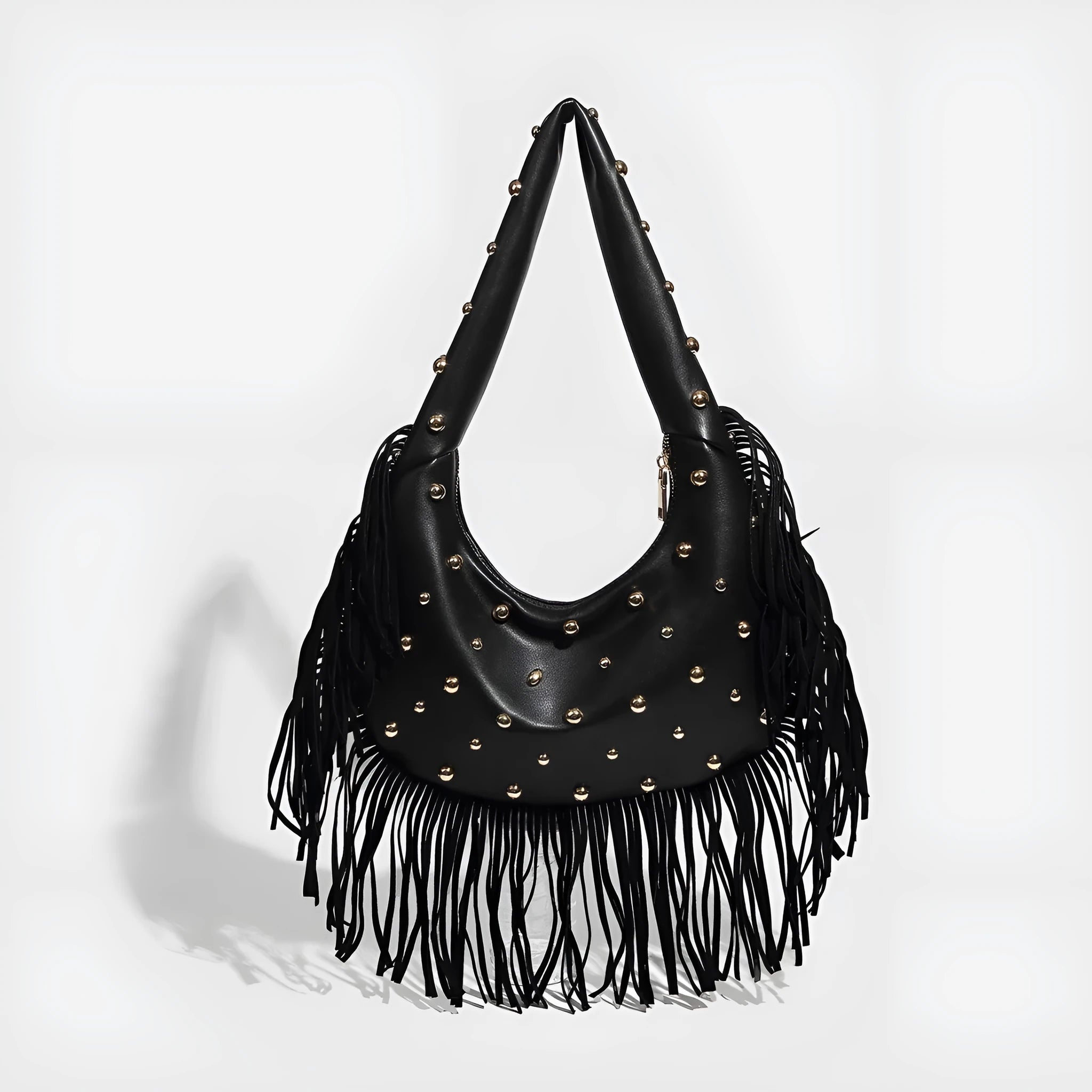 Retro tassel shoulder handbag with phone compartment in black or wine red colour