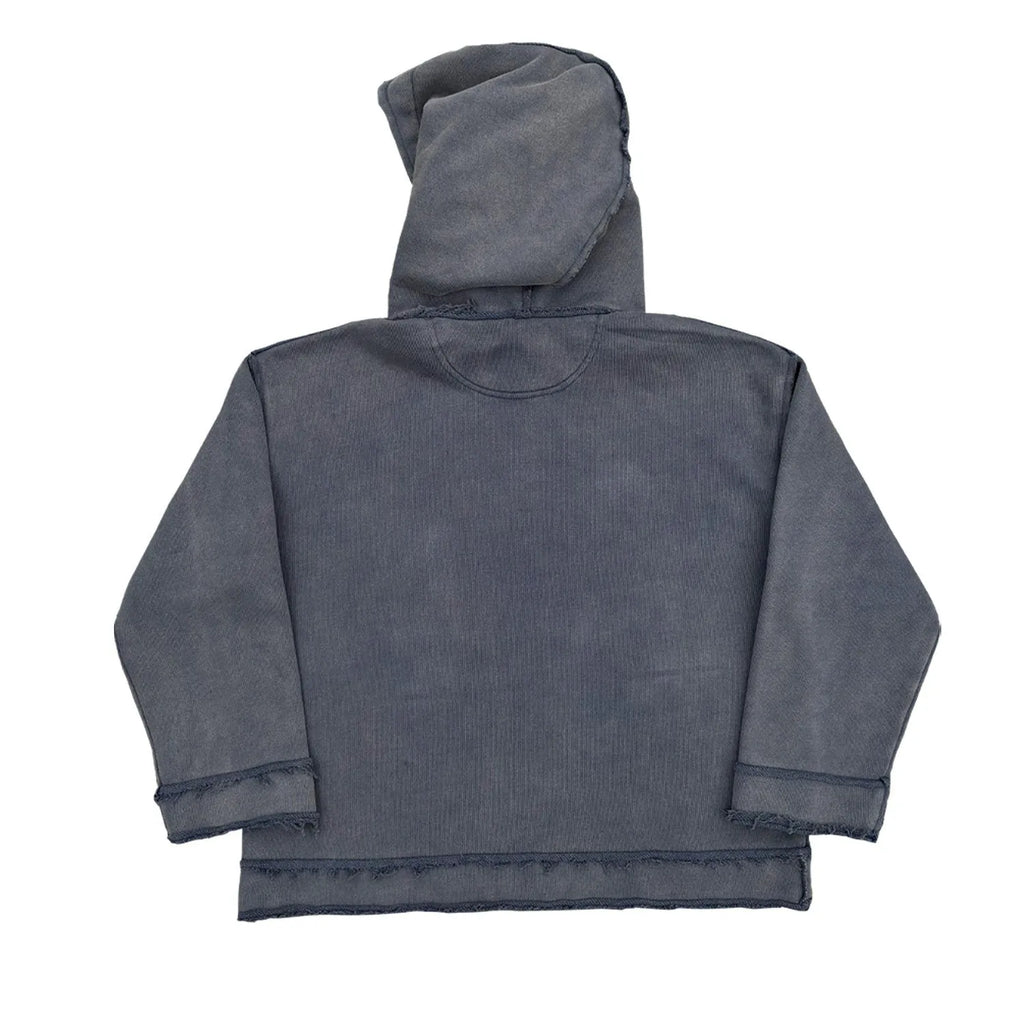 Dark blue reverse colour hoodie sweater with a front kangaroo pocket and hood.