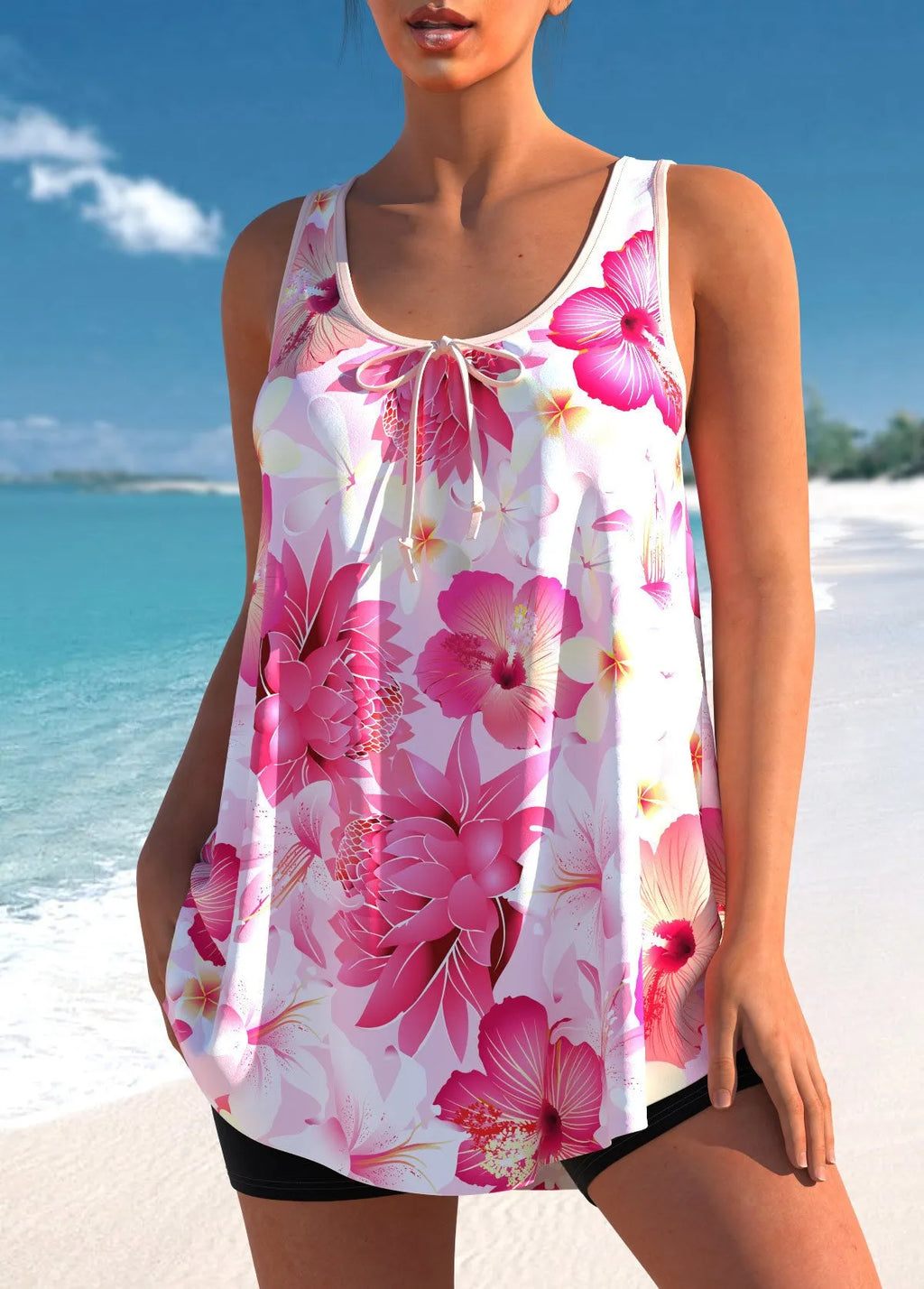 Plus size printed tankini swimsuit with high-waist briefs in pink printing colour