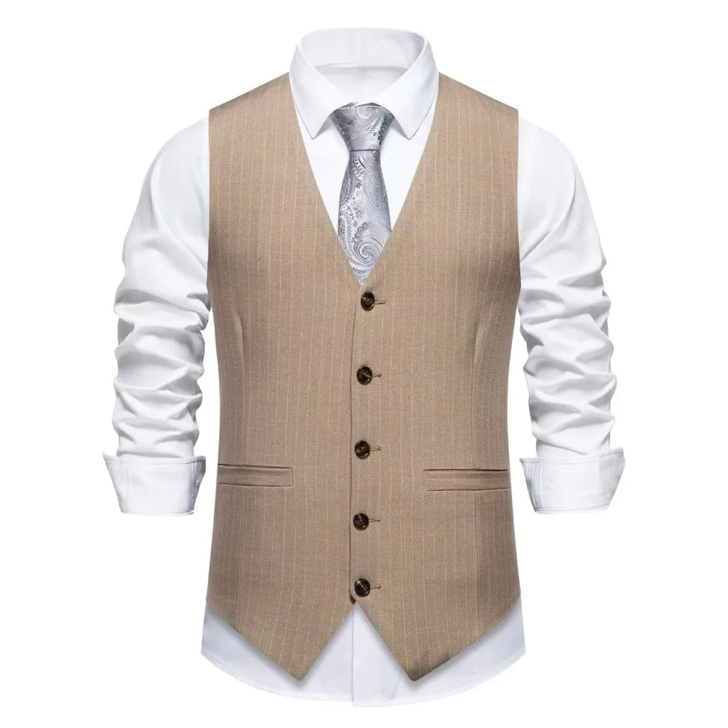 Man's striped suit vest with miter bottom hem in black, red, or khaki