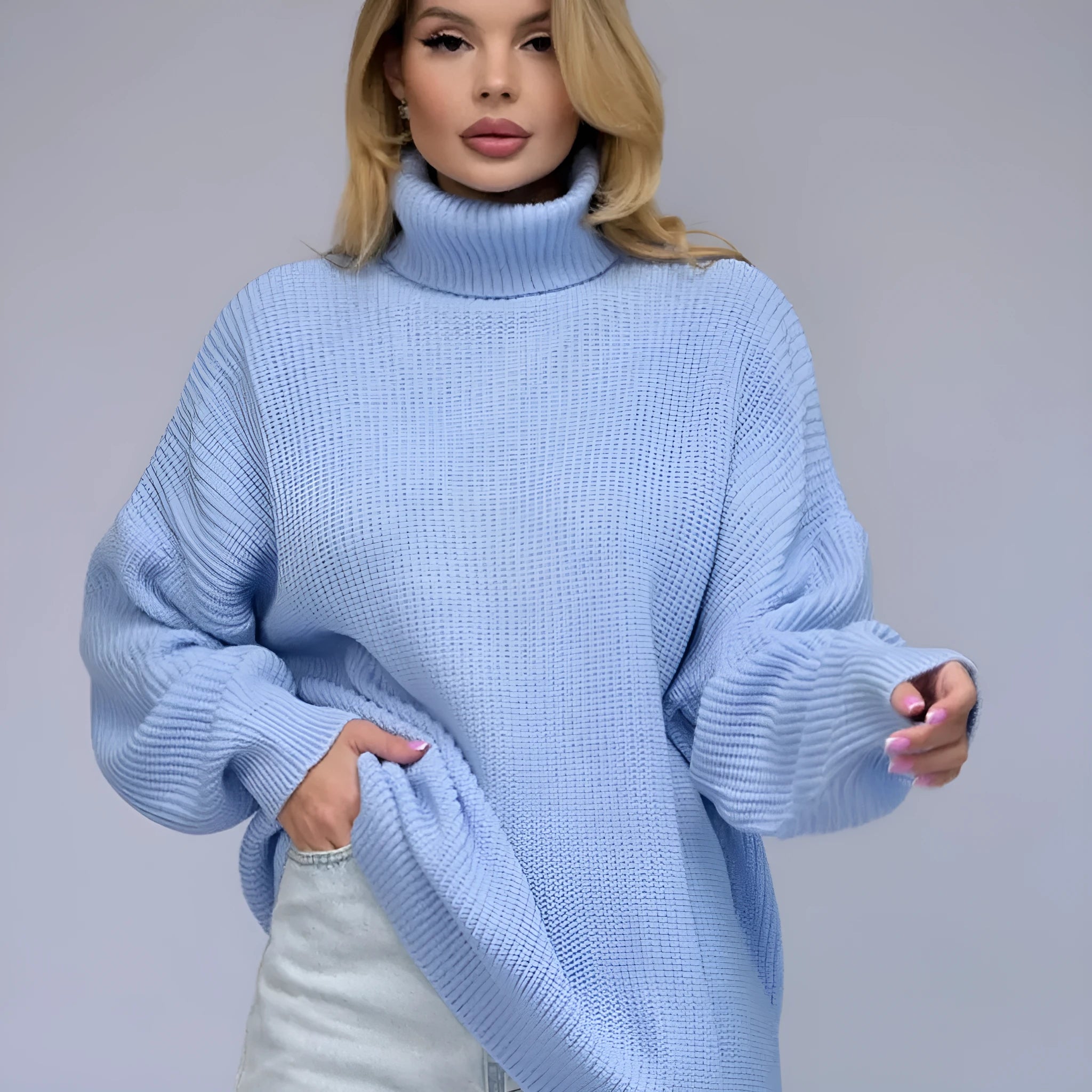 Women's thick imitation cashmere pullover sweater in loose fit with high neck and 3D pattern