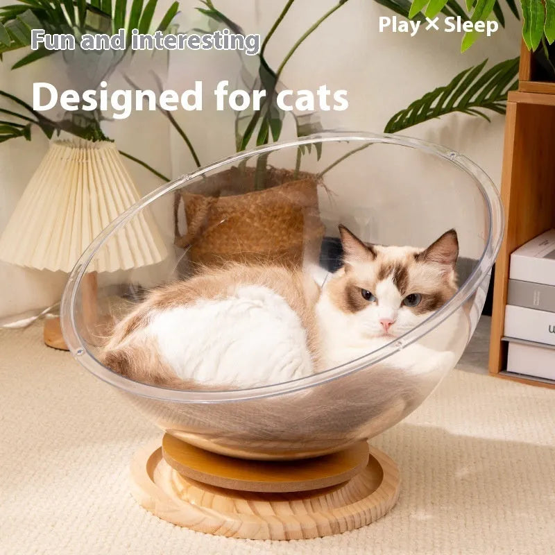 Transparent acrylic space capsule cat bed on wood board base