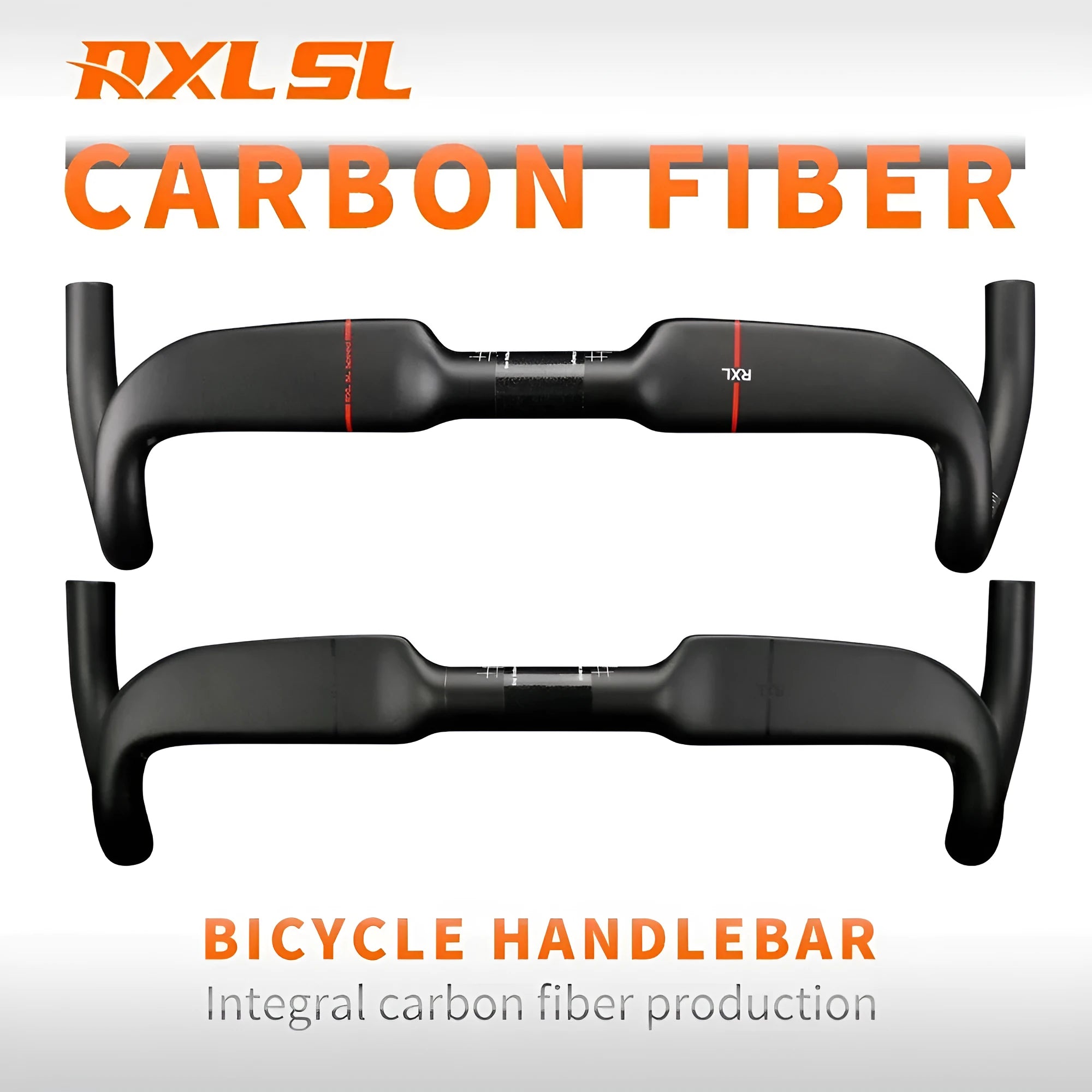 Carbon fiber road bicycle handlebar with red double line finish on a white background