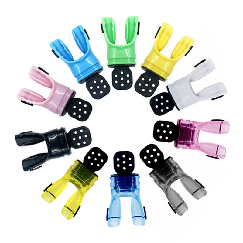 Edible silicone plastic free diving mouthpiece in various colours showing 110mm length.