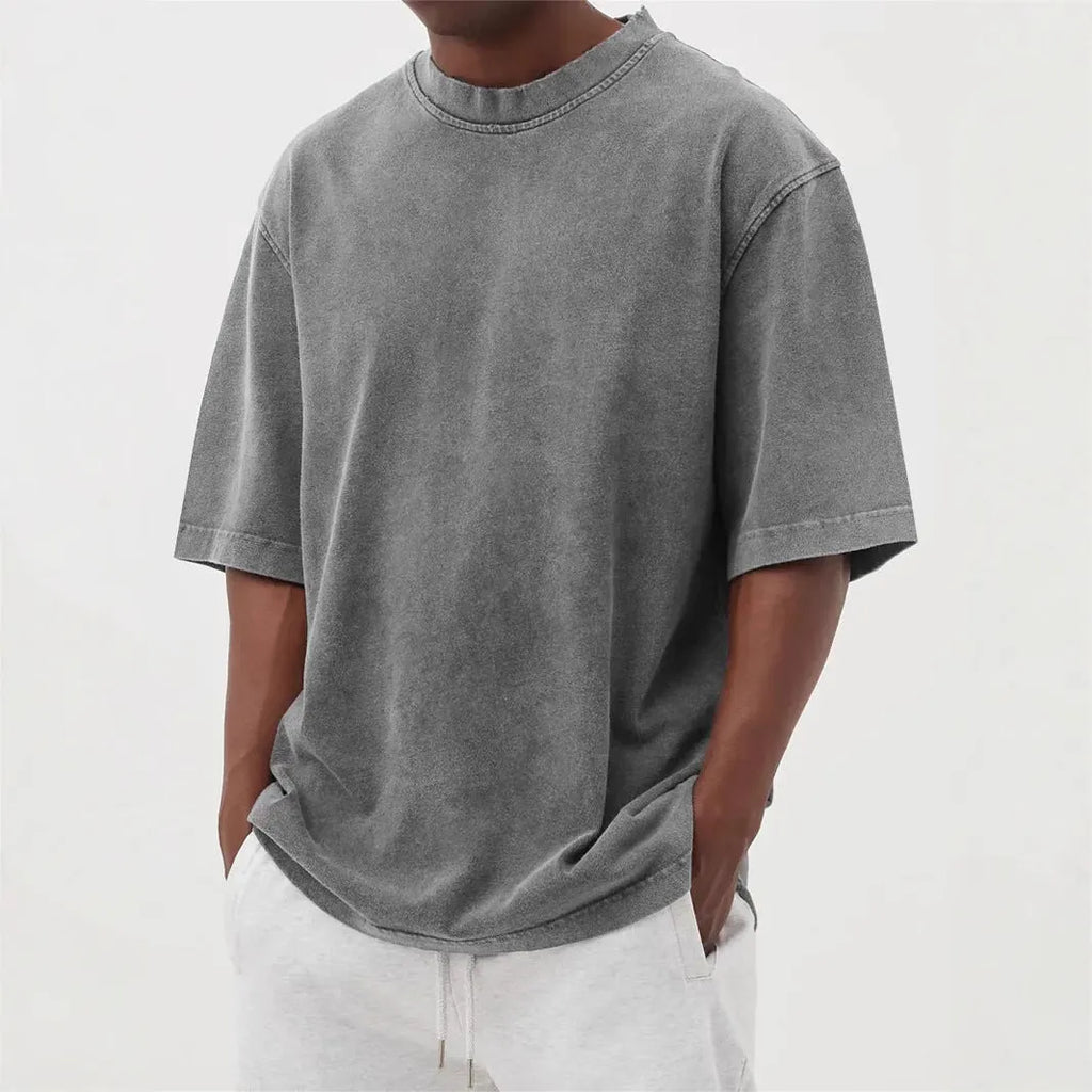 Men's stone washed pullover t-shirt in distressed blue colour with loose casual fit