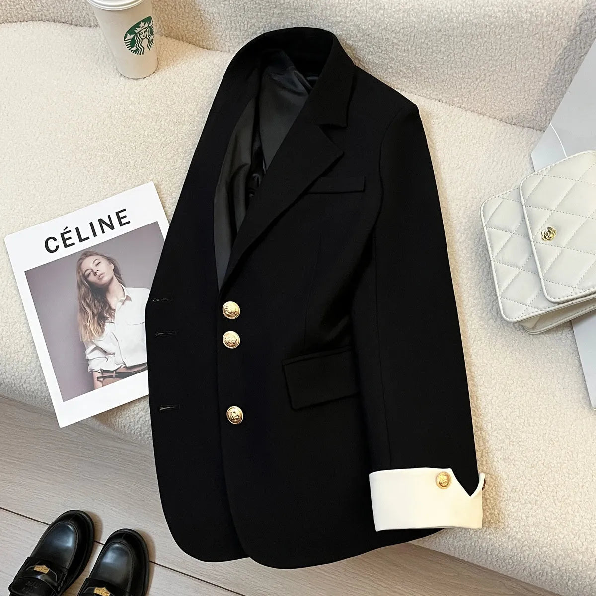 Korean style women's coat in milky white colour with loose fit and pockets