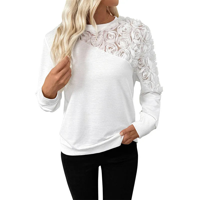 White loose fit long sleeve floral print top with European and American sizing