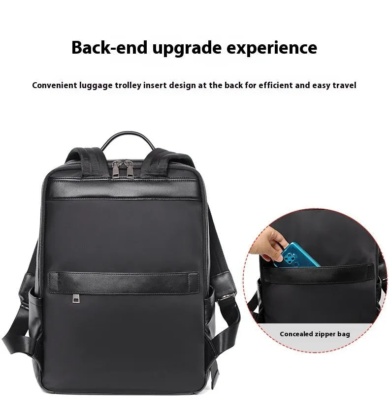 Men's black genuine leather computer backpack with woven detailing and physiological curve back plate