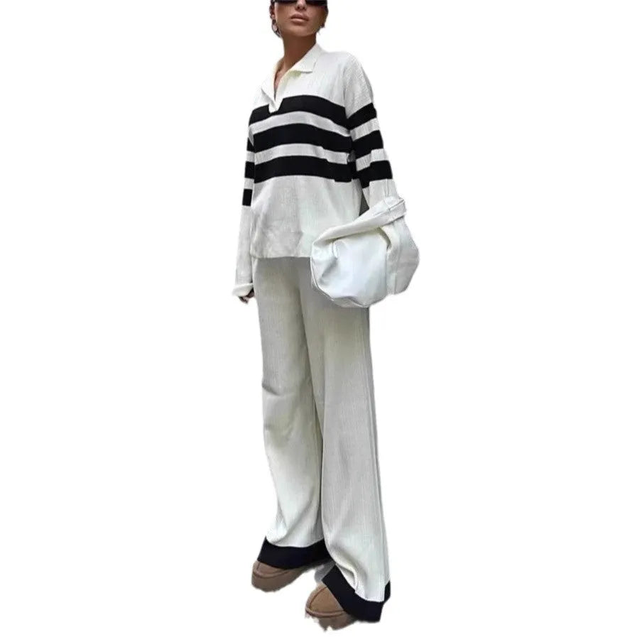 Women's black and white striped knitted two-piece set with polo collar and trousers