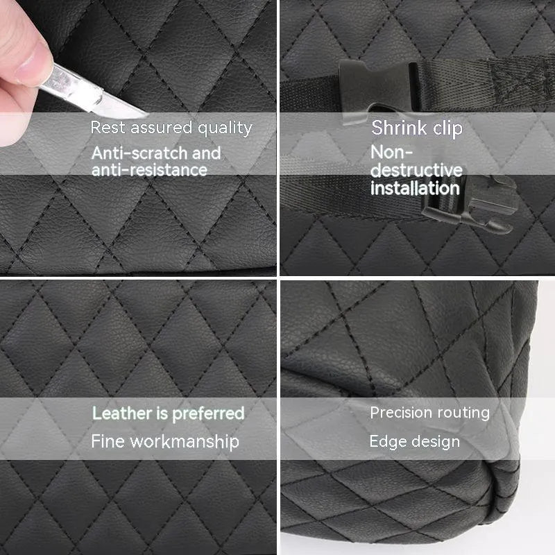 Leather car hanging storage bag measuring 25cm with black, pink, green, and white colour options