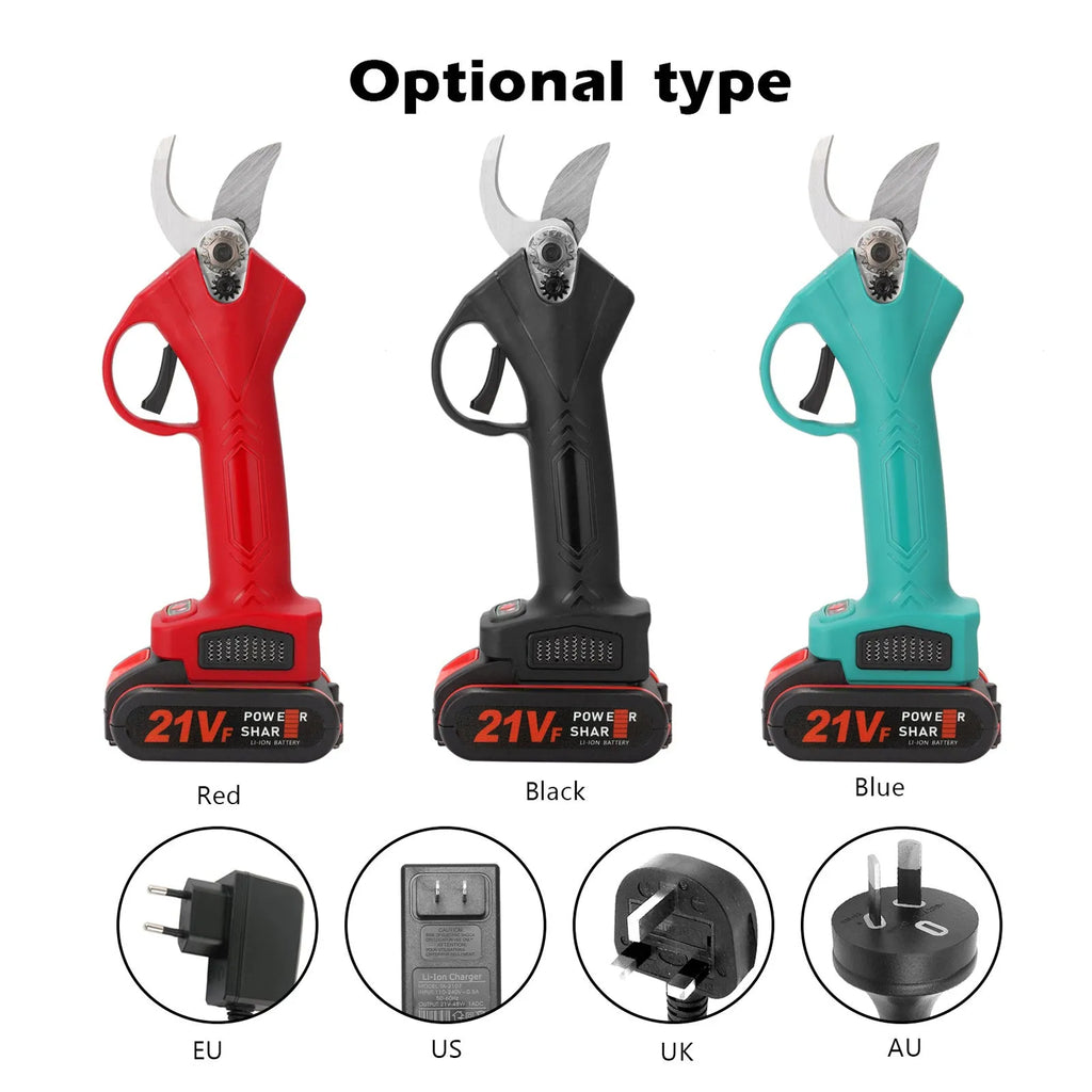 21V rechargeable garden pruning shear with black plastic body, steel blade, and two batteries in plastic box