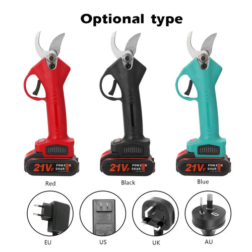21V rechargeable garden pruning shear with black plastic body, steel blade, and two batteries in plastic box