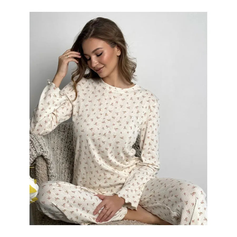 Women's white floral print bell sleeve top and wide leg trousers polyester suit set