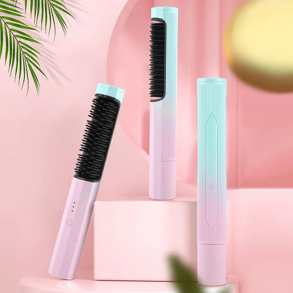 Cordless straightening comb in pink with USB charging cable, compact 23 cm size, 4000mAh battery, anti-scalding design