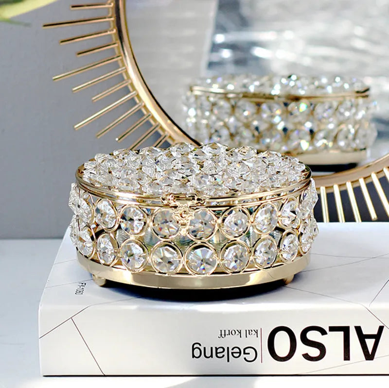 European-style jewellery box with crystal glass panels and French gold iron frame for visible storage