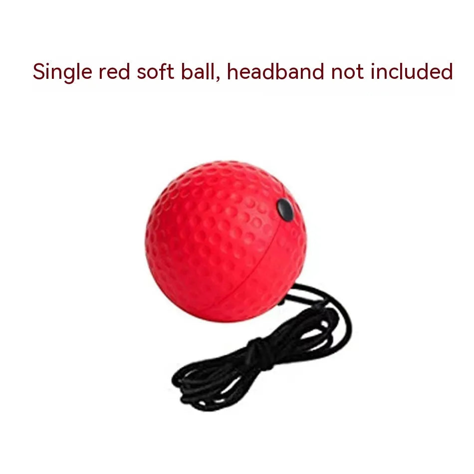 Head-mounted boxing reaction training ball set with adjustable headbands and multiple coloured balls including red PU, black PU, and fluorescent green.