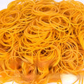 500g pack of assorted size yellow rubber bands showing diameters from 25mm to 70mm