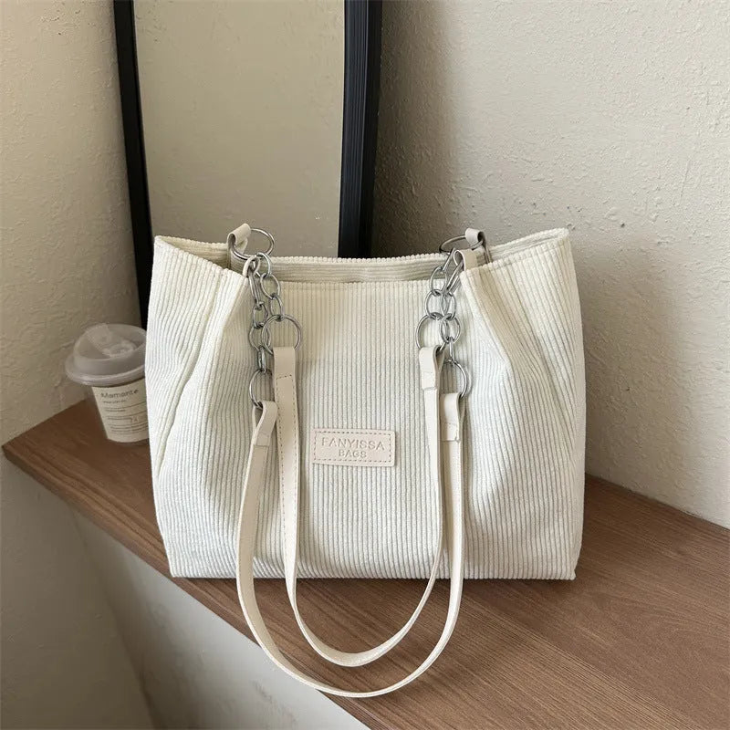 New corduroy one-shoulder tote large capacity handbag for women in brown with three-dimensional pocket