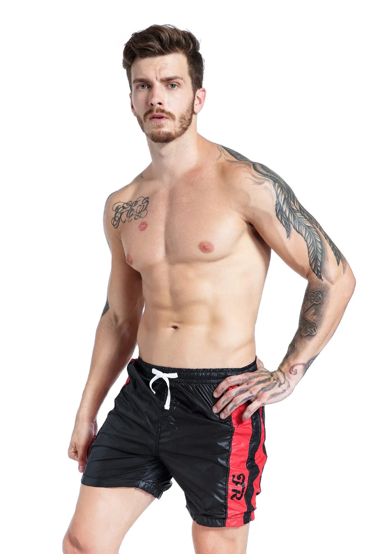 Men's blue casual sports shorts with lace-up detailing and slim fit stretch design