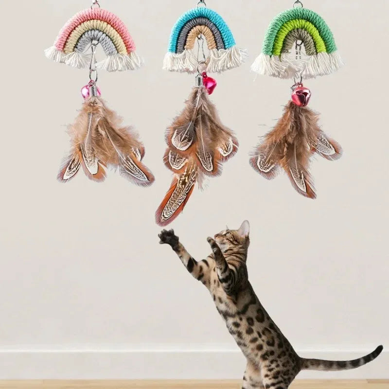 Feather cat rope door swing toy with elastic sticky buckle, available in blue, green, and pink