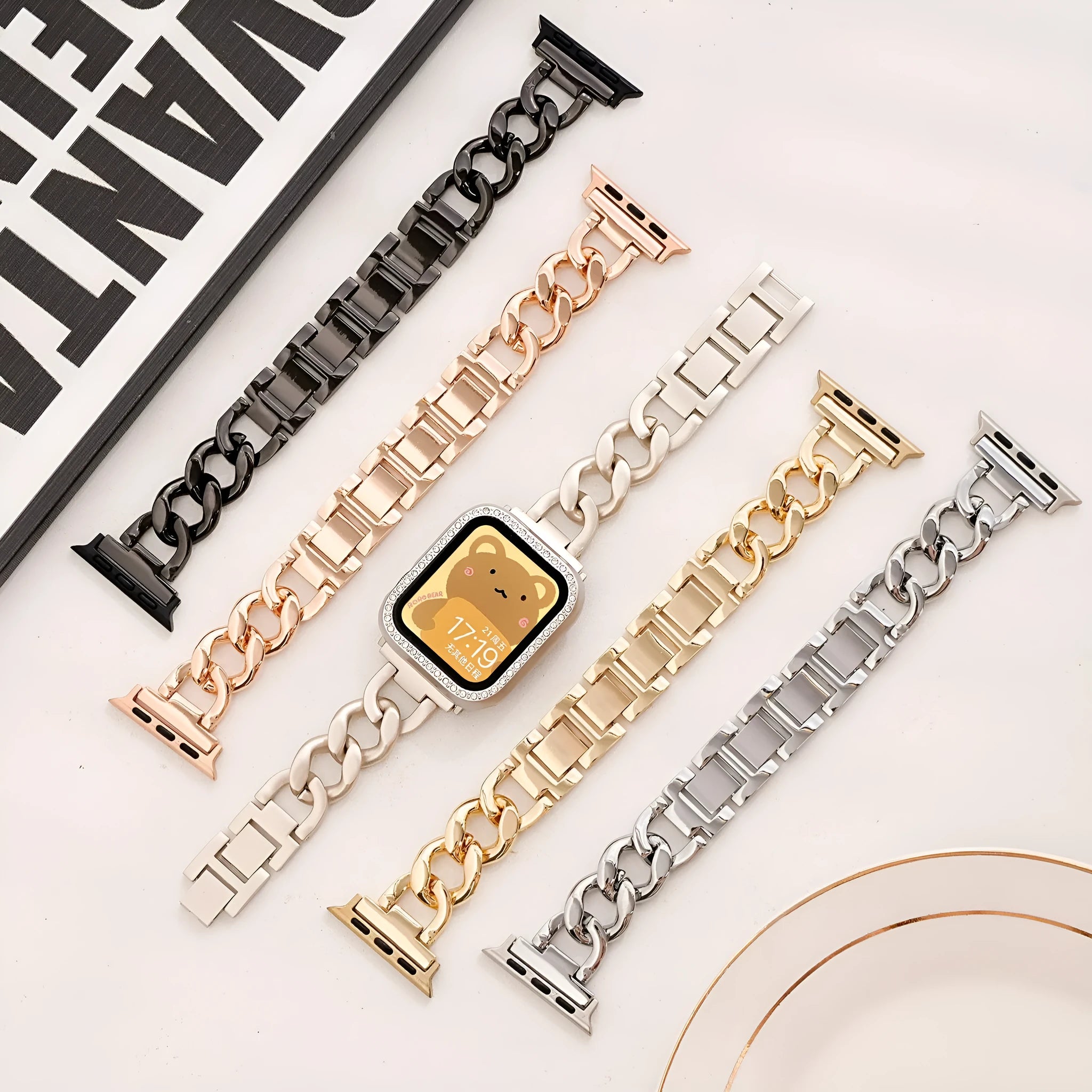 Metal chain link watch strap for Apple Watch in silver, black, gold, rose gold, or Starlight colour.