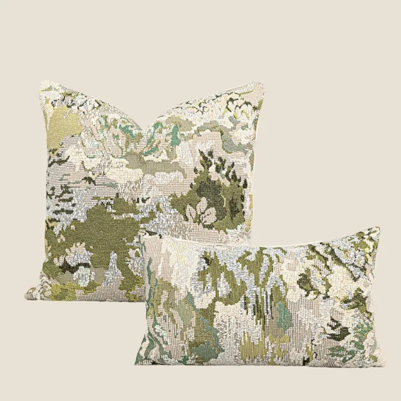 Antique green abstract floral pillow with French style botanical pattern on wool blend fabric
