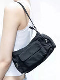 Black lightweight PU shoulder bag with two pockets and side-line detailing.