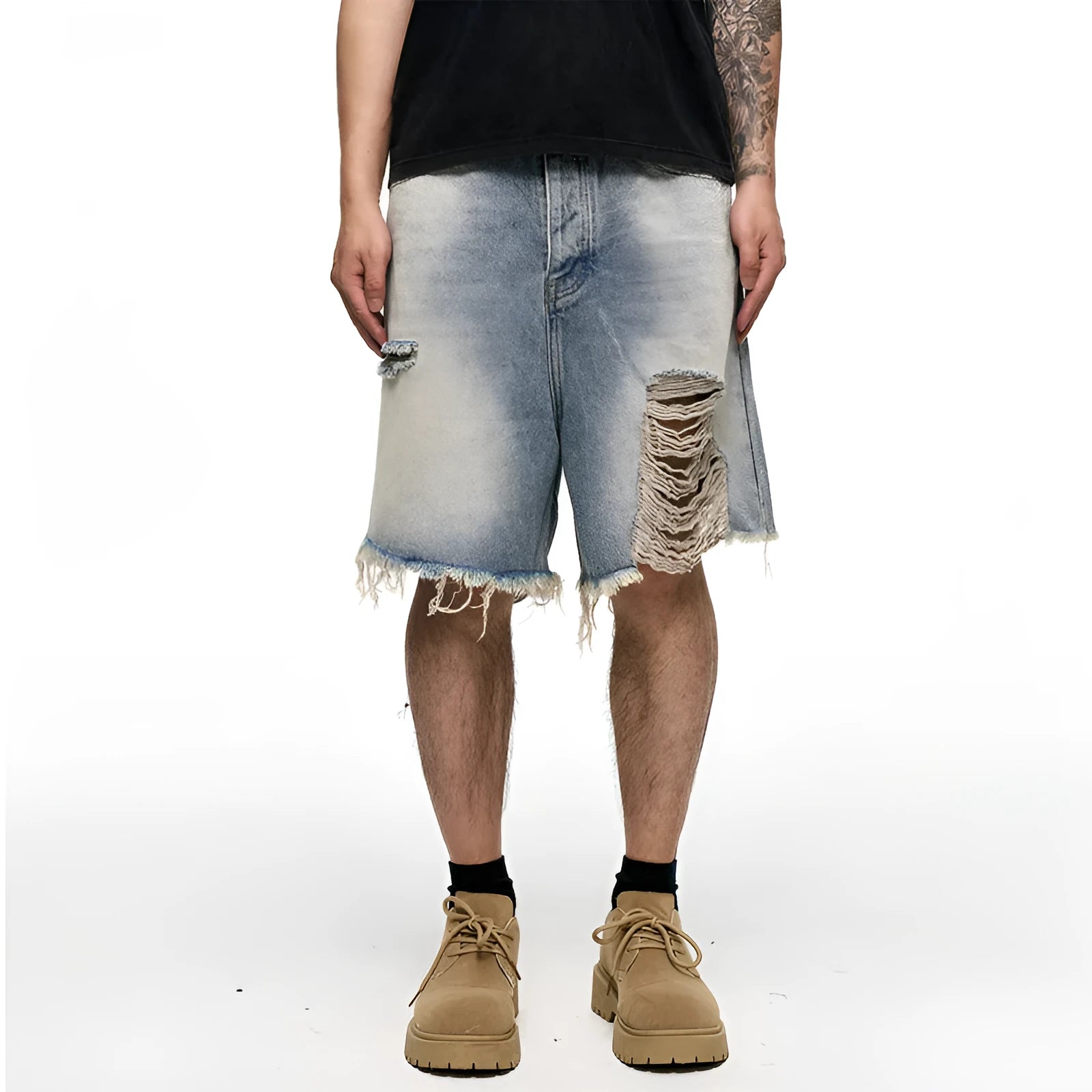 Light blue retro washed men's baggy denim shorts with wide leg cut and fifth pants length