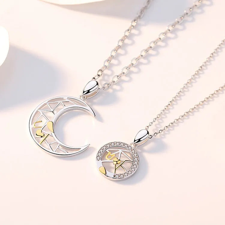 Sun and moon couple necklace set with copper pendants on cross chain
