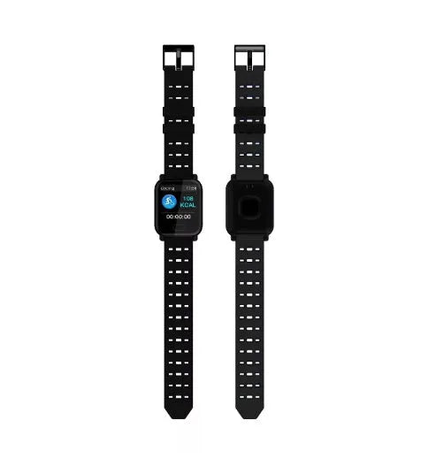 A6 smart bracelet with colour screen and zinc alloy body, shown with silicone strap in blue, black, or orange.