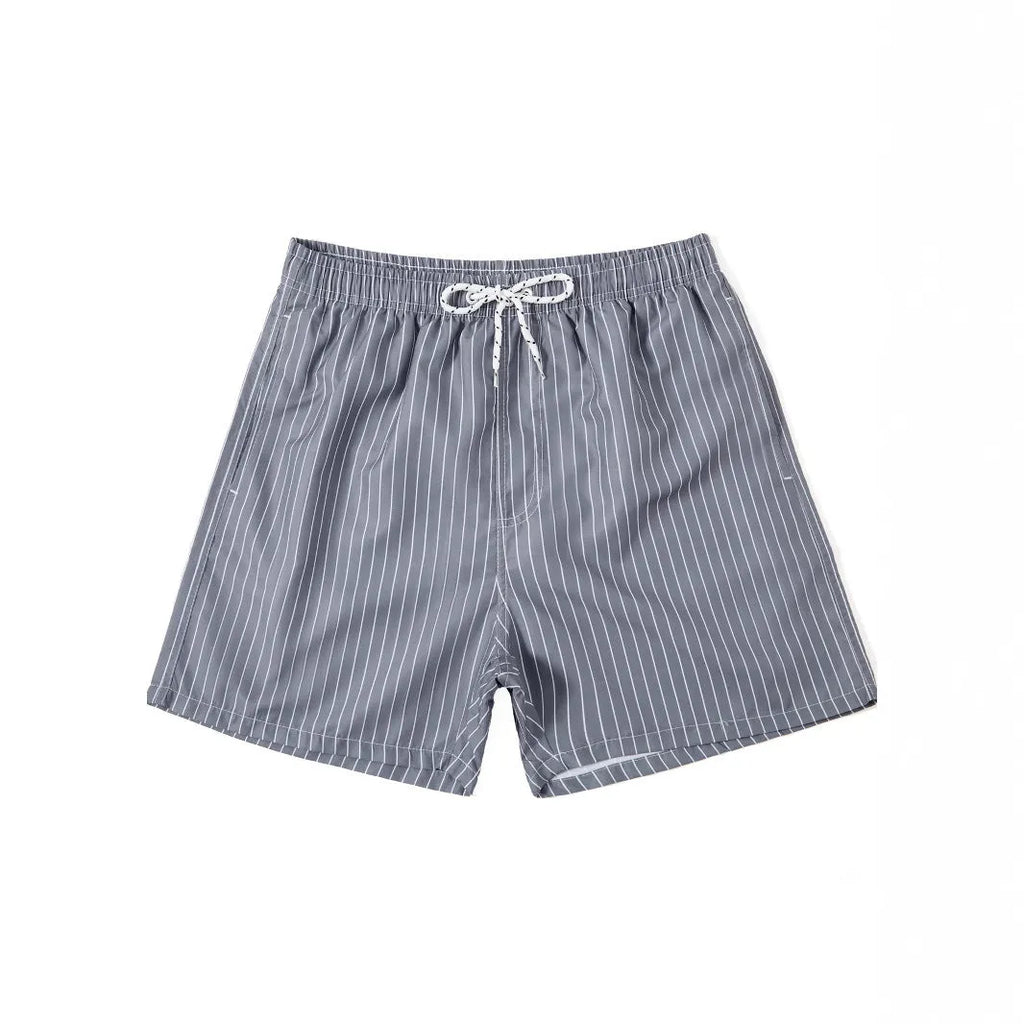 Men's navy blue striped beach shorts with triangle lining and straight leg opening