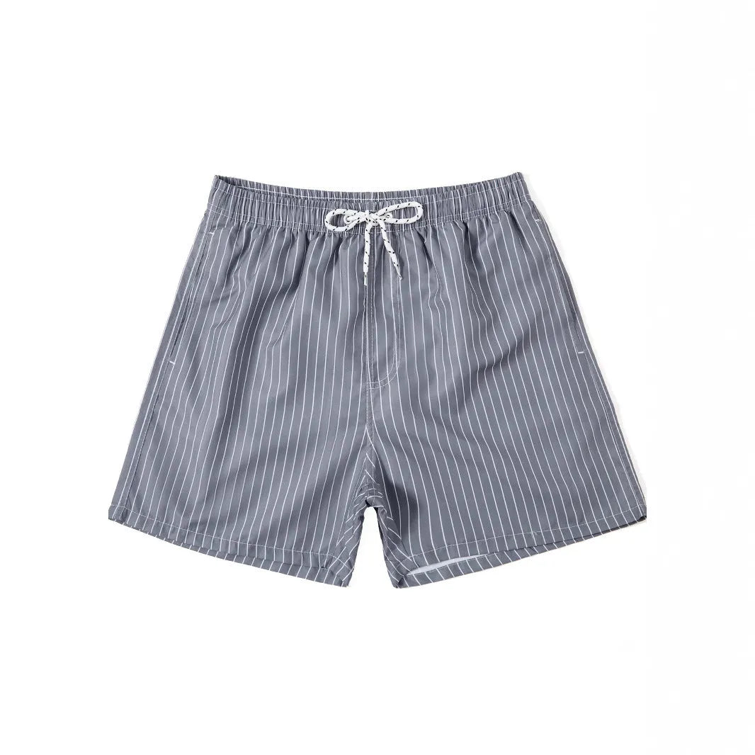Men's navy blue striped beach shorts with triangle lining and straight leg opening