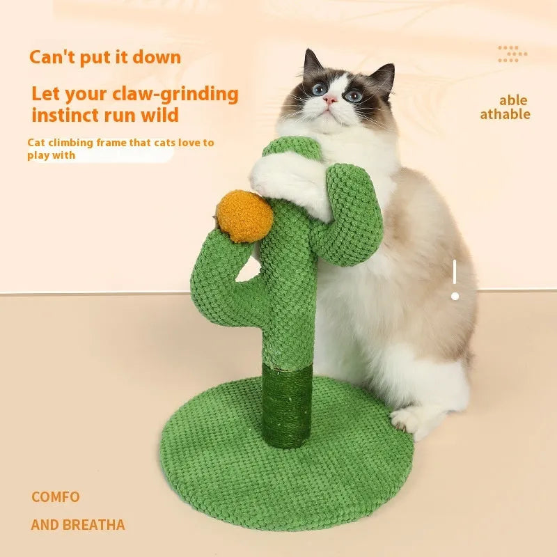 Cactus-shaped cat scratching climber and flat coconut tree scratch board made from cotton thread.