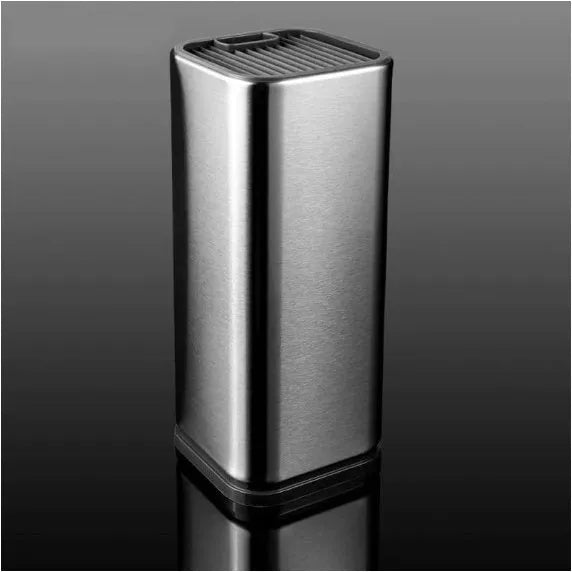 Stainless steel kitchen knife holder with a white polypropylene storage bucket and detachable base