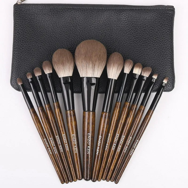 12-piece makeup brush set with wooden handles in a black PU zip-up case.