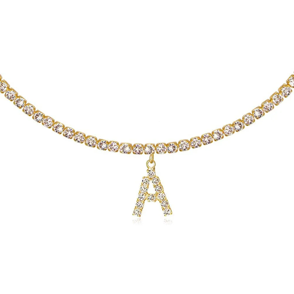 Personalised diamond letter necklace with rhinestone pendant on claw chain in gold finish