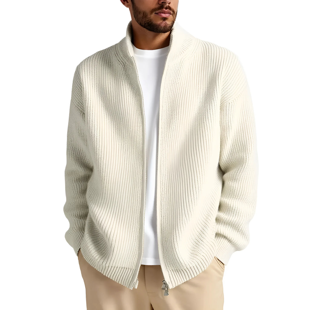 Men's loose fit cardigan sweater coat in grey green on a hanger