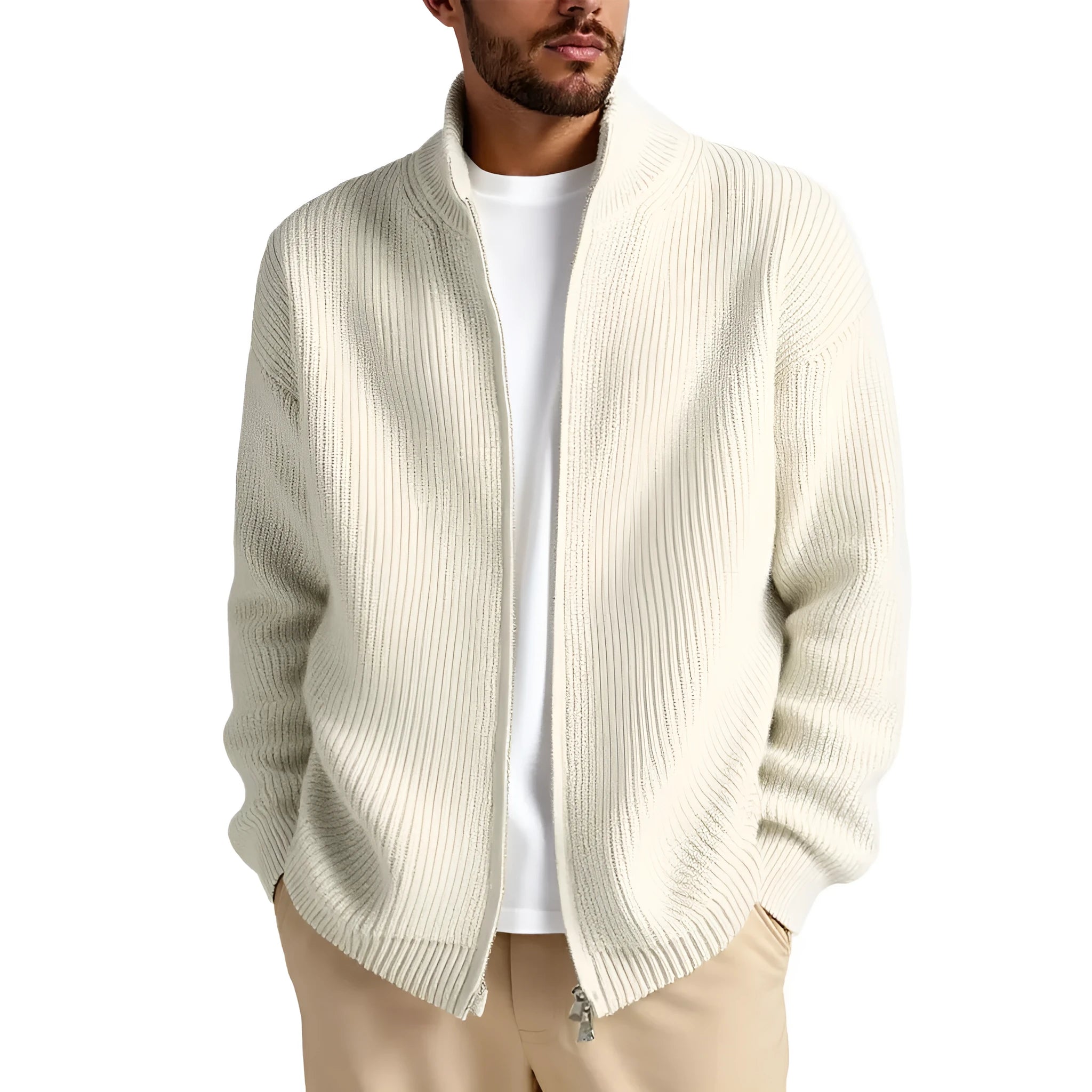 Men's loose fit cardigan sweater coat in grey green on a hanger