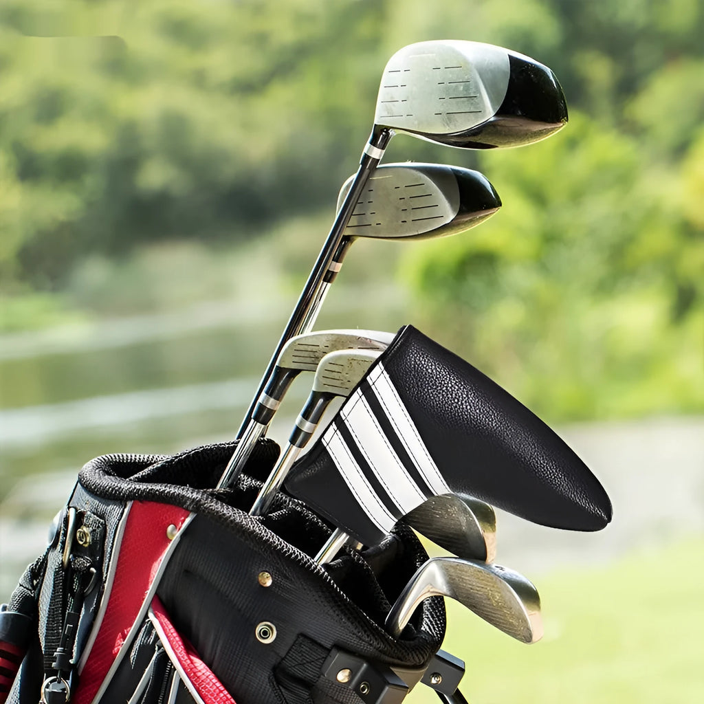 Black PU leather golf putter head cover showing protective sleeve for club head