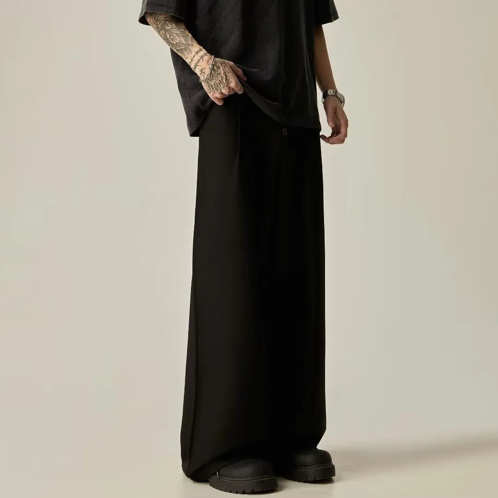 Men's solid colour wide-leg casual trousers in black or brown with straight-leg fit and button fly