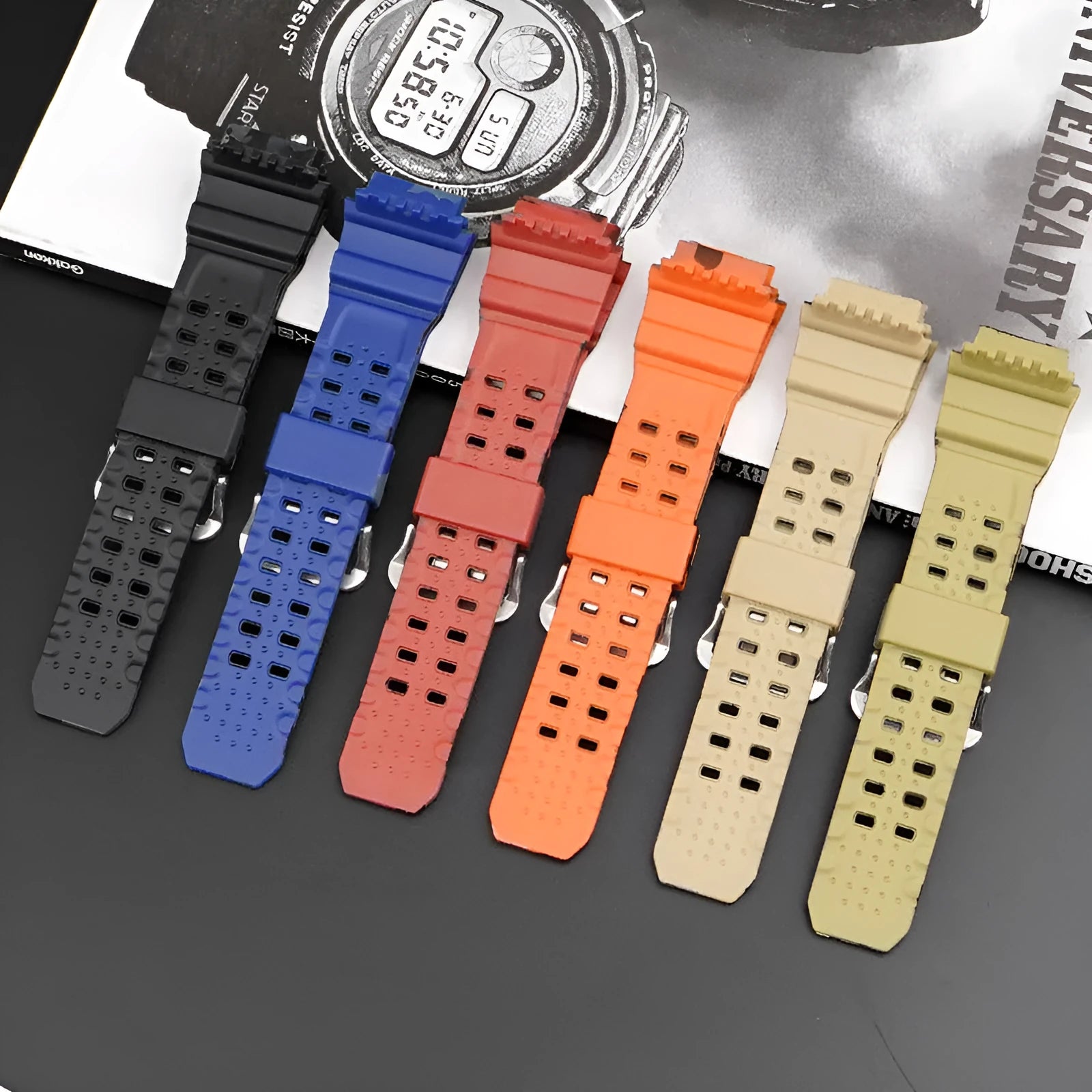 Camouflage pattern TPU watch strap with silver buckle measuring 19cm long