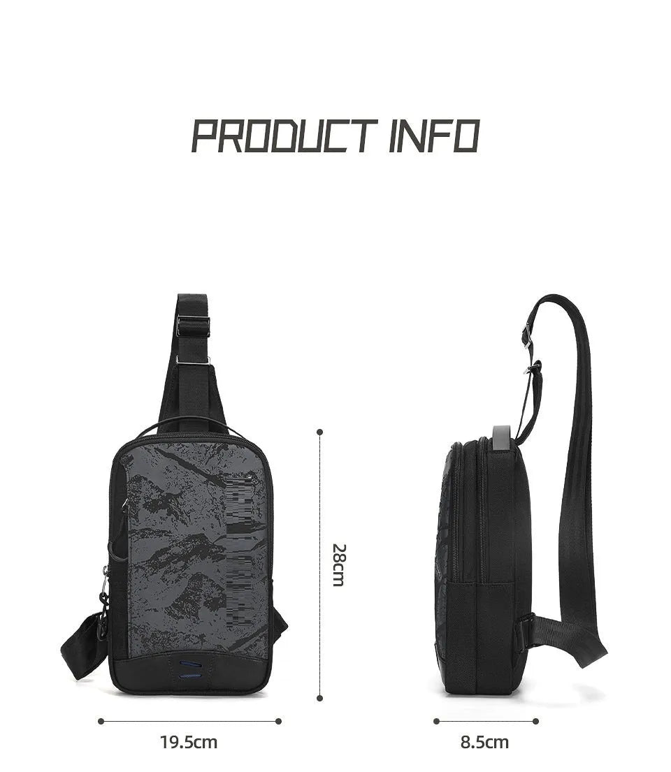 Black camouflage pattern chest pack with waterproof TPU material and square vertical shape for street style daily wear