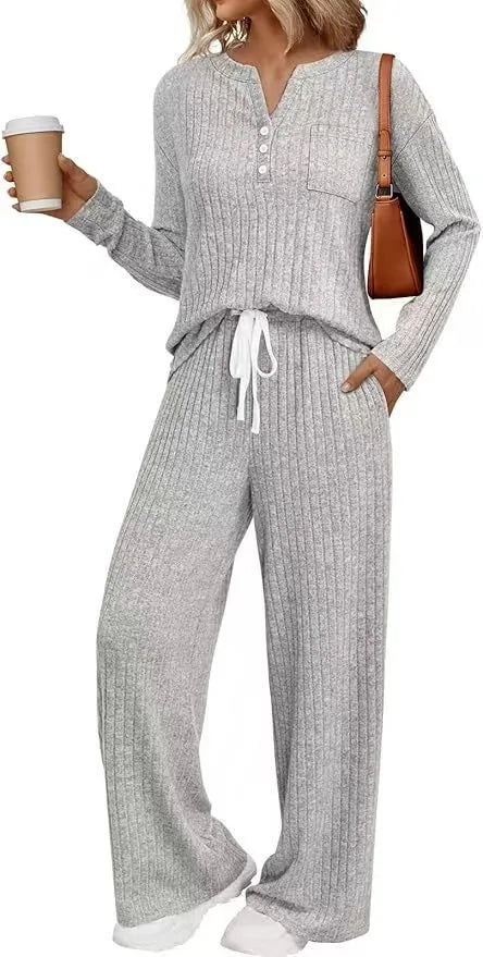 V-neck striped knit long coat with pockets and matching pants in light gray, six colour options
