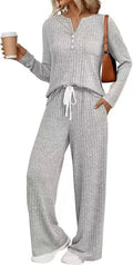 V-neck striped knit long coat with pockets and matching pants in light gray, six colour options