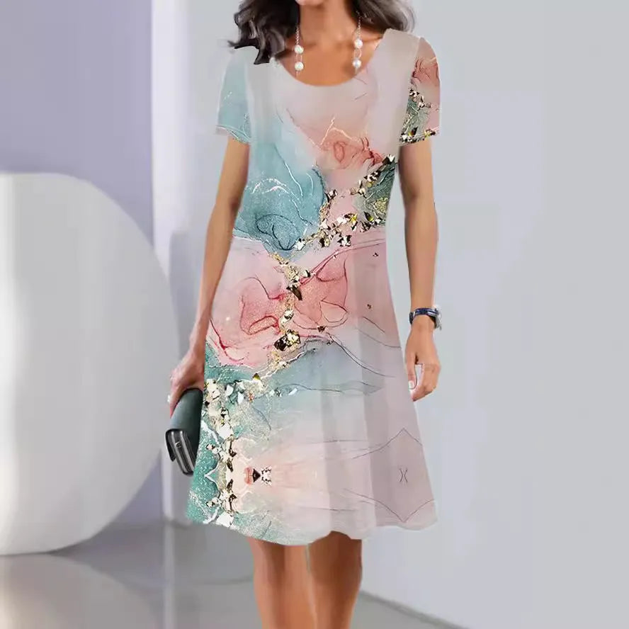 Women's floral print mid-length summer dress with short sleeves and round neck in ice silk fabric